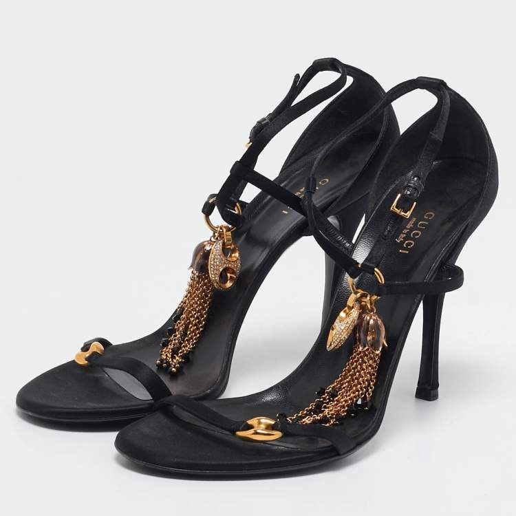 Pre Owned Gucci Black Satin Embellished Ankle Strap Sandals Size 40
