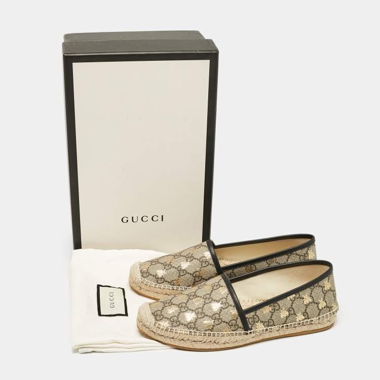 Pre Owned Gucci Beige/Brown GG Supreme Canvas Bee Print Espadrille Flats Size 38.5