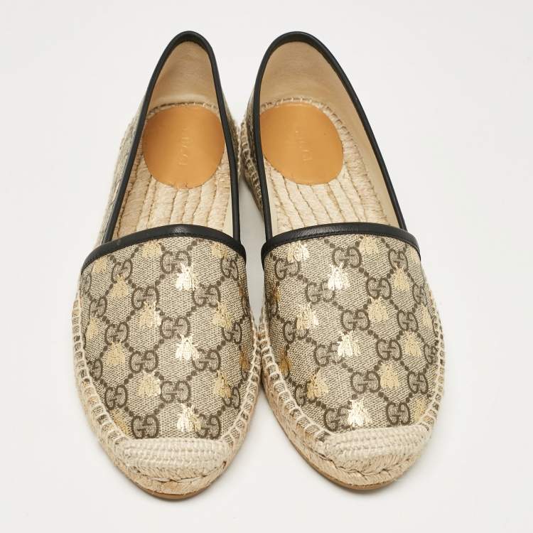 Pre Owned Gucci Beige/Brown GG Supreme Canvas Bee Print Espadrille Flats Size 38.5