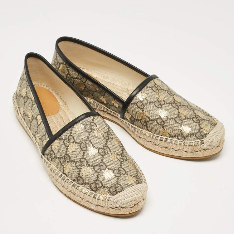 Pre Owned Gucci Beige/Brown GG Supreme Canvas Bee Print Espadrille Flats Size 38.5