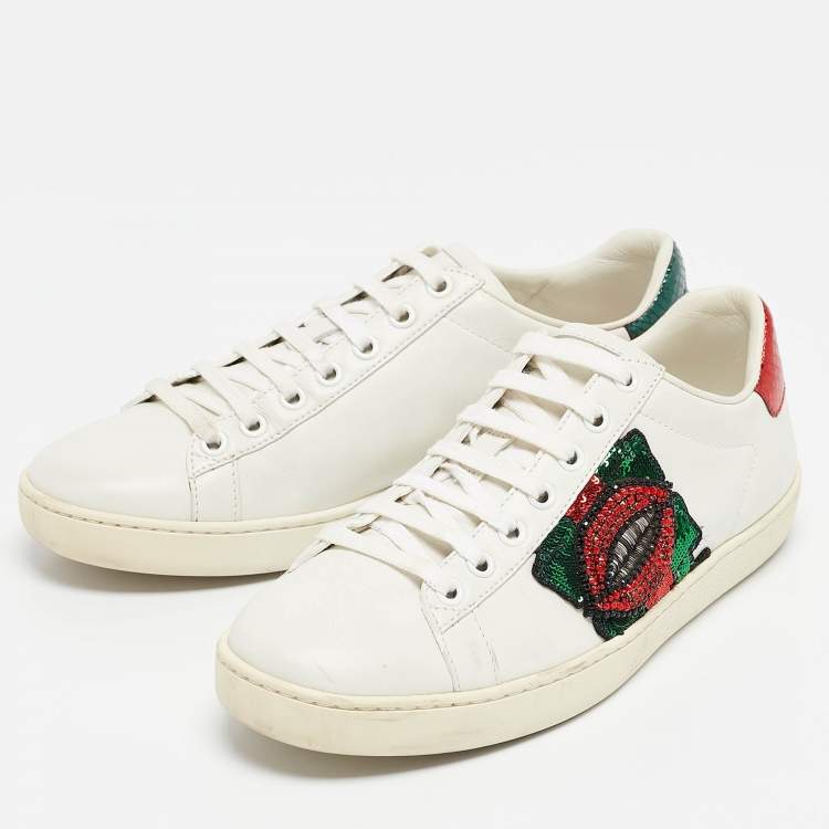 Pre Owned Gucci White Leather Lip Ace Low Top Sneakers Size 36.5
