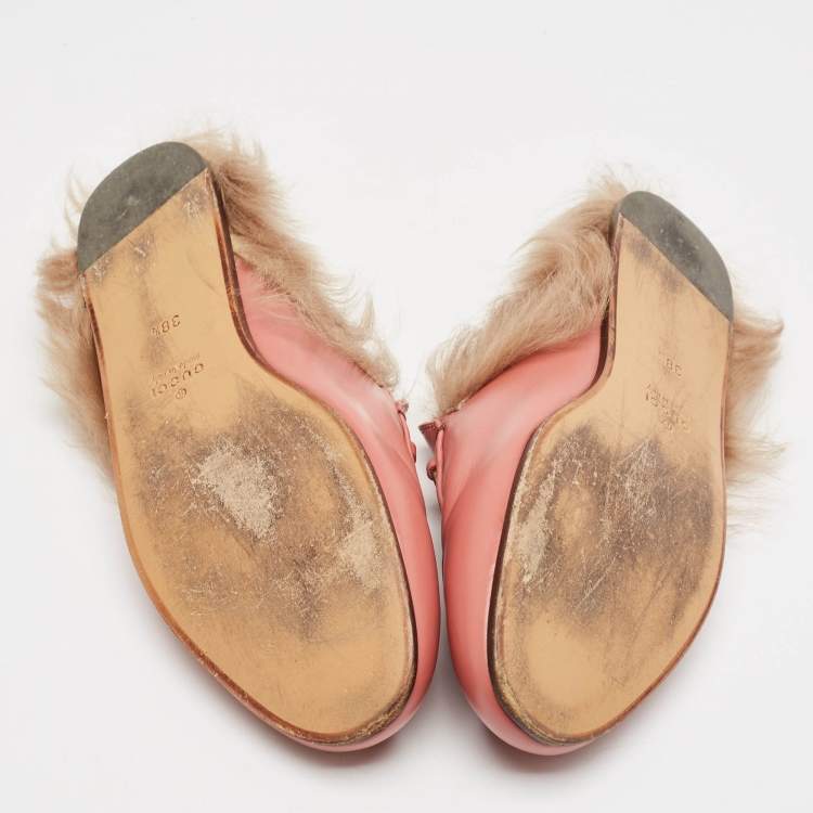 Pre Owned Gucci Pink Leather and Fur Princetown Mules Size 38.5