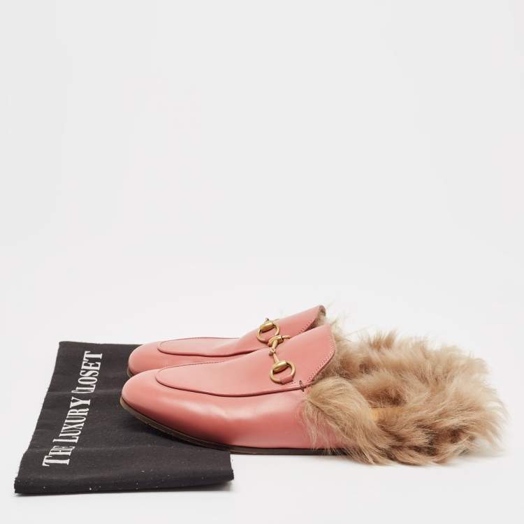Pre Owned Gucci Pink Leather and Fur Princetown Mules Size 38.5
