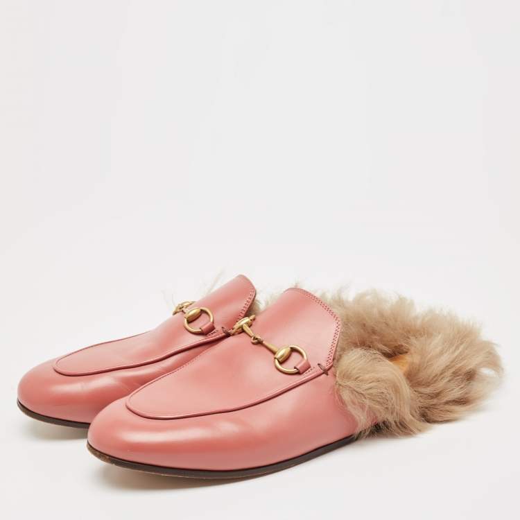 Pre Owned Gucci Pink Leather and Fur Princetown Mules Size 38.5