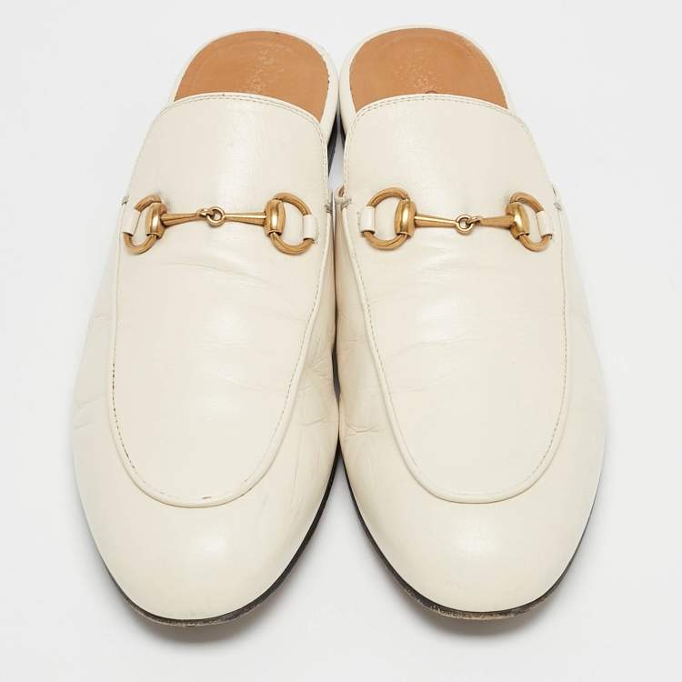 Pre Owned Gucci White Leather Princetown Horsebit Mule Sandals Size 38.5