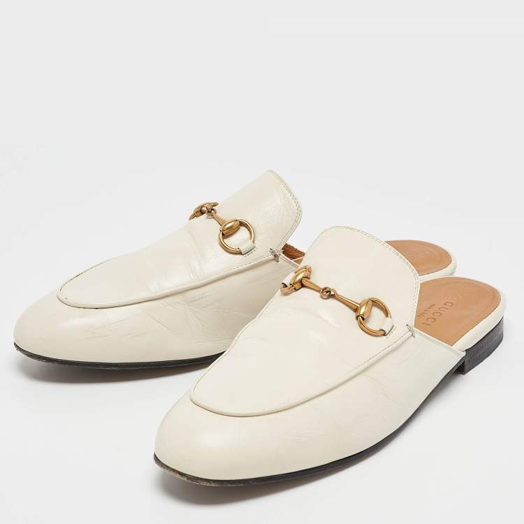 Pre Owned Gucci White Leather Princetown Horsebit Mule Sandals Size 38.5