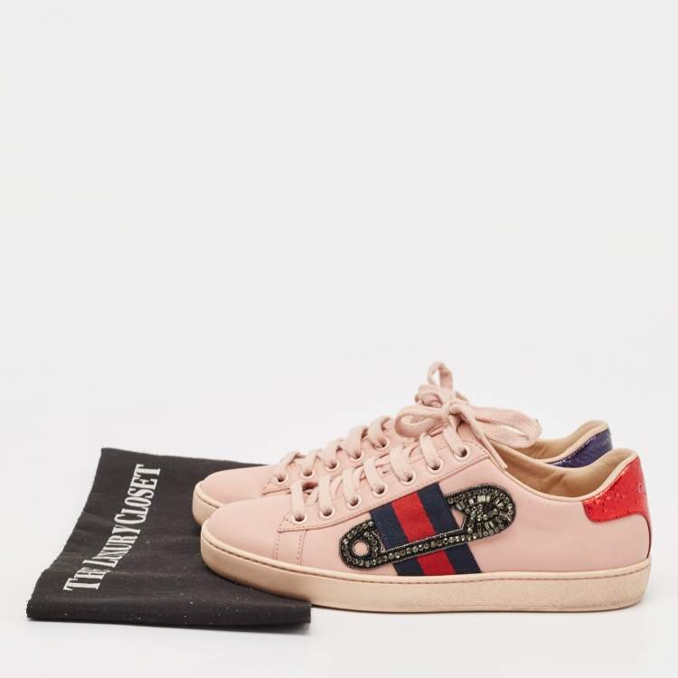 Pre Owned Gucci Pink Leather Crystal Embellished 'Safety Pin' Ace Low Top Sneakers Size 35