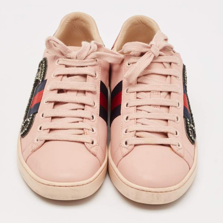 Pre Owned Gucci Pink Leather Crystal Embellished 'Safety Pin' Ace Low Top Sneakers Size 35