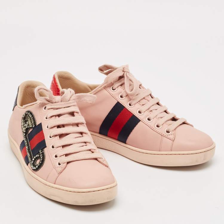 Pre Owned Gucci Pink Leather Crystal Embellished 'Safety Pin' Ace Low Top Sneakers Size 35