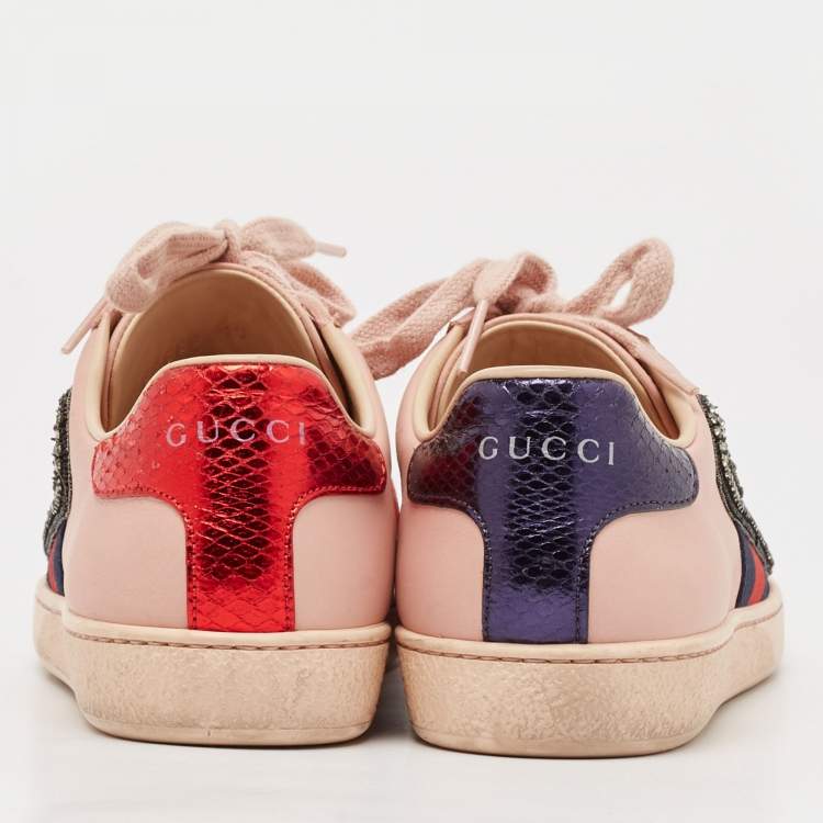 Pre Owned Gucci Pink Leather Crystal Embellished 'Safety Pin' Ace Low Top Sneakers Size 35