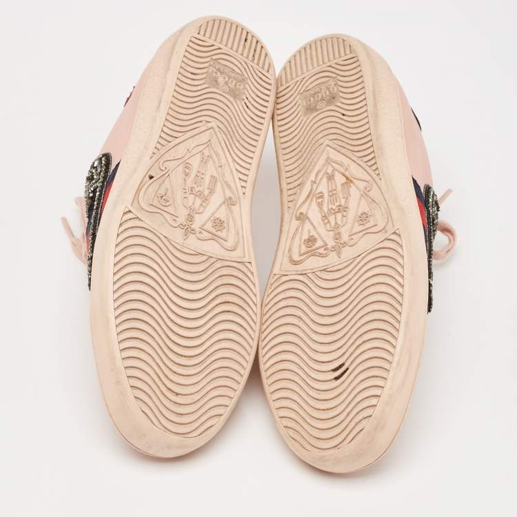Pre Owned Gucci Pink Leather Crystal Embellished 'Safety Pin' Ace Low Top Sneakers Size 35