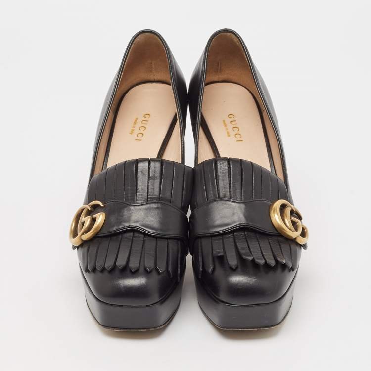 Pre Owned Gucci Black Leather GG Marmont Fringed Platform Pumps Size 36
