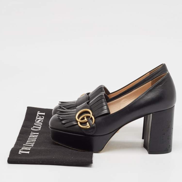 Pre Owned Gucci Black Leather GG Marmont Fringed Platform Pumps Size 36
