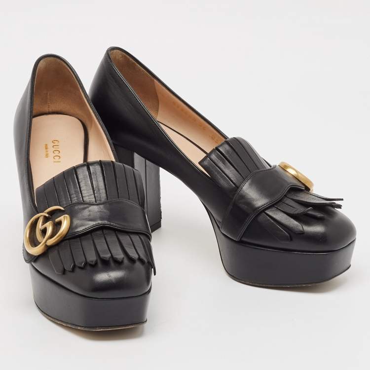 Pre Owned Gucci Black Leather GG Marmont Fringed Platform Pumps Size 36