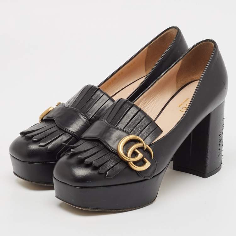 Pre Owned Gucci Black Leather GG Marmont Fringed Platform Pumps Size 36