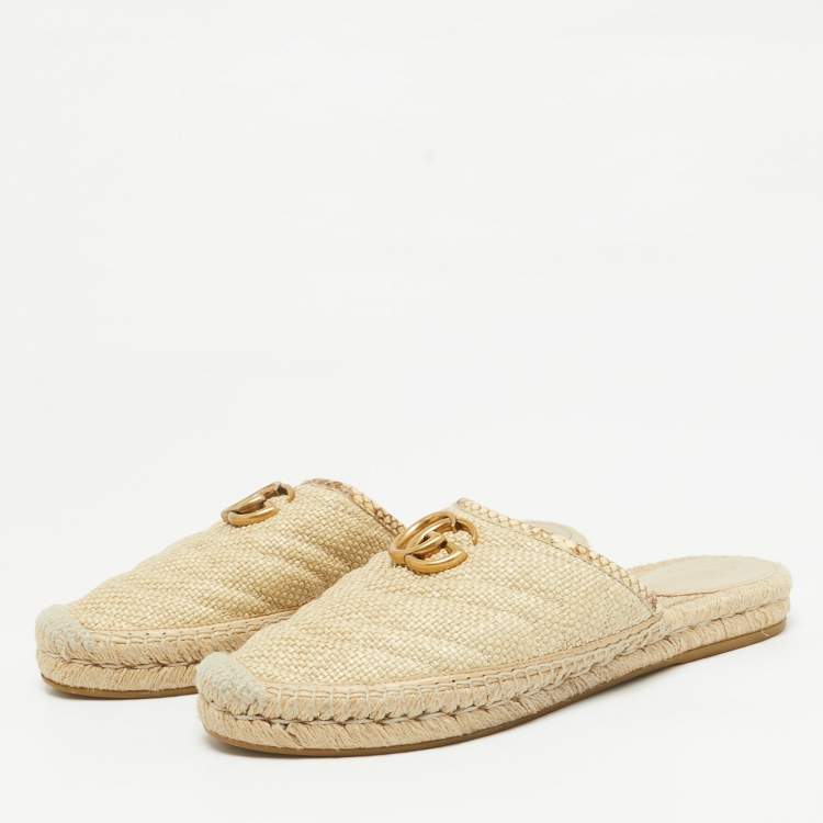 مملوكة مسبقًا Gucci Beige Matelasse Raffia GG Marmont Espadrille Mules Size 38