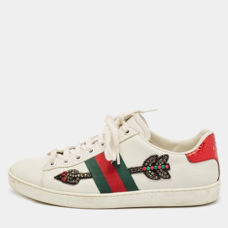 Pre Owned Gucci White Leather Embellished Arrow Ace Sneakers Size 35