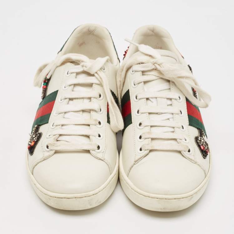 Pre Owned Gucci White Leather Embellished Arrow Ace Sneakers Size 35