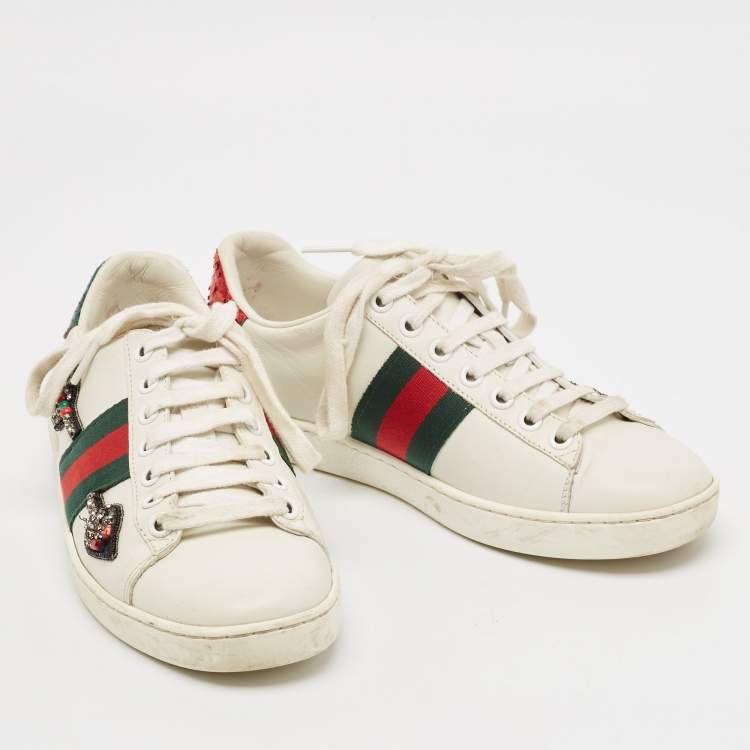 Pre Owned Gucci White Leather Embellished Arrow Ace Sneakers Size 35