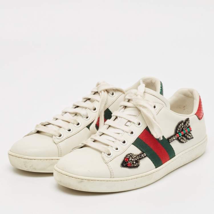 Pre Owned Gucci White Leather Embellished Arrow Ace Sneakers Size 35