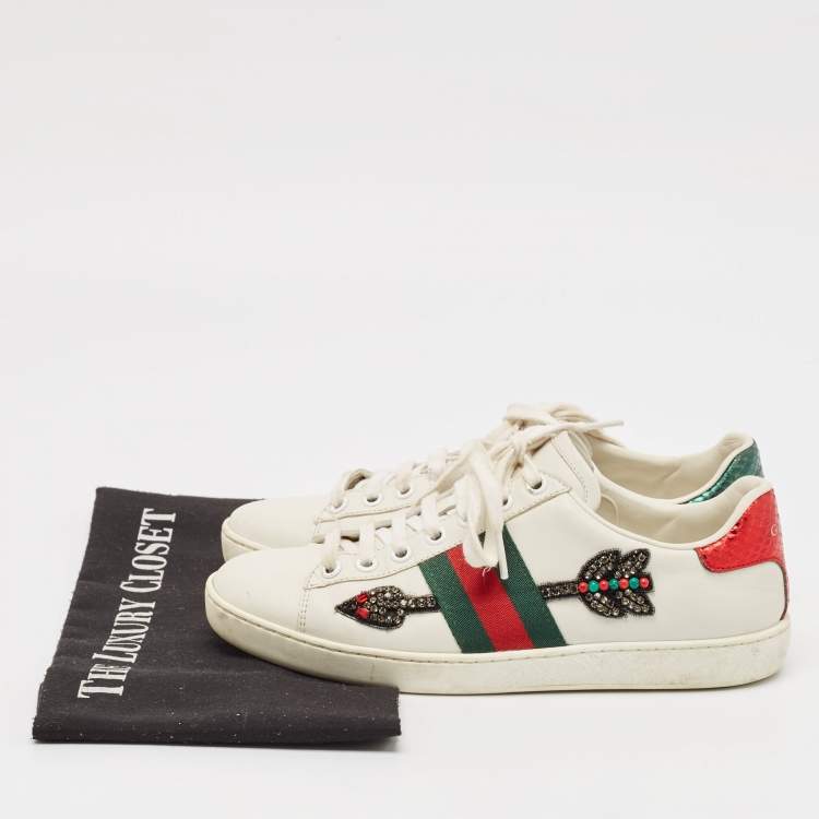 Pre Owned Gucci White Leather Embellished Arrow Ace Sneakers Size 35