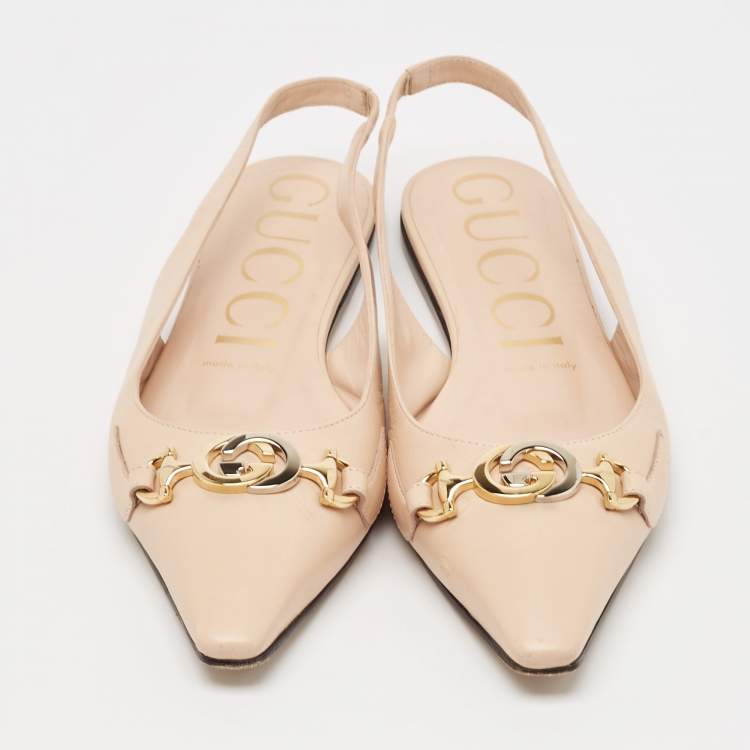Pre Owned Gucci Beige Leather Zumi Slingback Flats Size 38.5