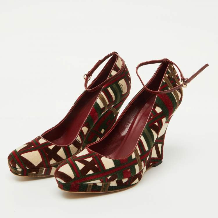 Pre Owned Gucci Multicolor Pattern Velvet Platform Wedge Pumps Size 39.5