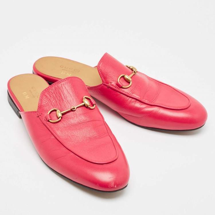 Pre Owned Gucci Pink Leather Princetown Flat Mules Size 39