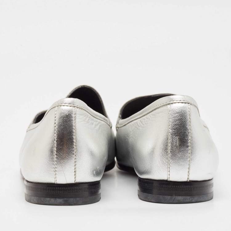 Pre Owned Gucci Silver Leather Jordaan Loafers Size 38