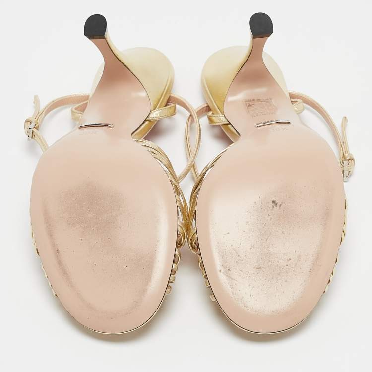Pre Owned Gucci Gold Leather GG Chain Embellished Ankle Strap Sandals Size 38.5