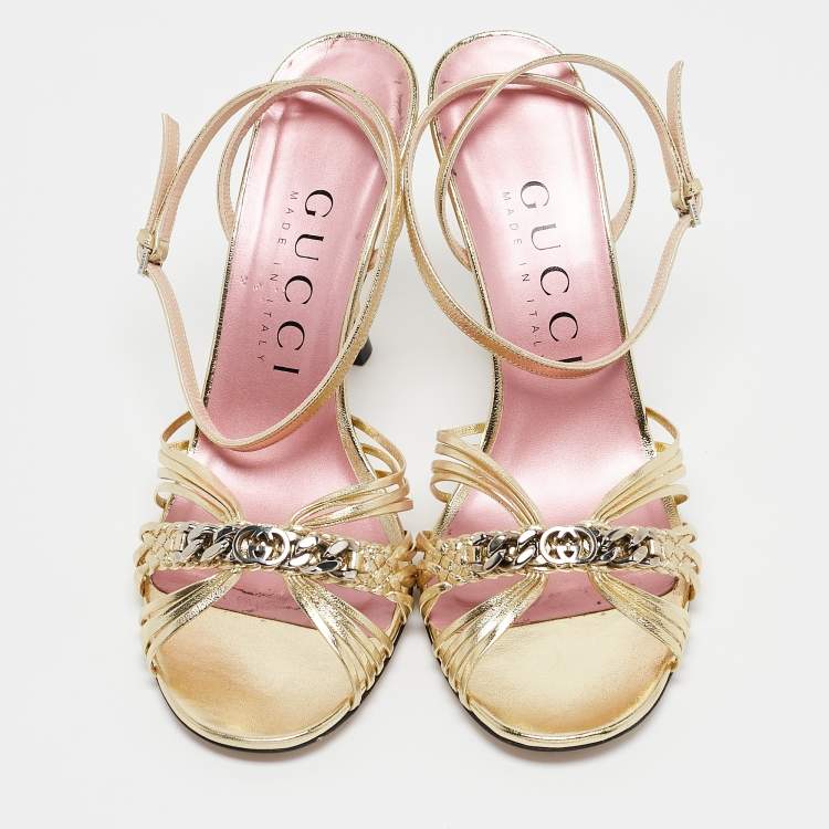 Pre Owned Gucci Gold Leather GG Chain Embellished Ankle Strap Sandals Size 38.5