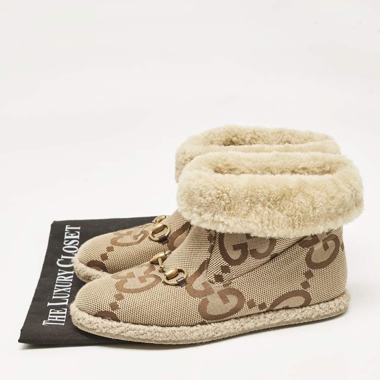 Pre Owned Gucci Brown GG Canvas and Faux Fur Horsebit Fria Snow Boots Size 39
