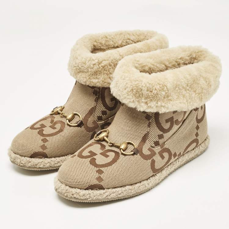 Pre Owned Gucci Brown GG Canvas and Faux Fur Horsebit Fria Snow Boots Size 39