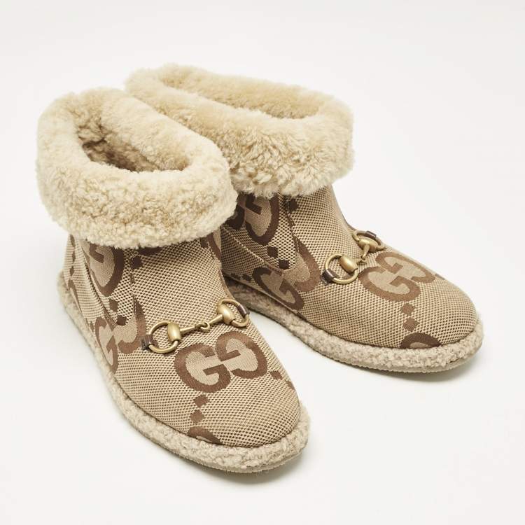Pre Owned Gucci Brown GG Canvas and Faux Fur Horsebit Fria Snow Boots Size 39