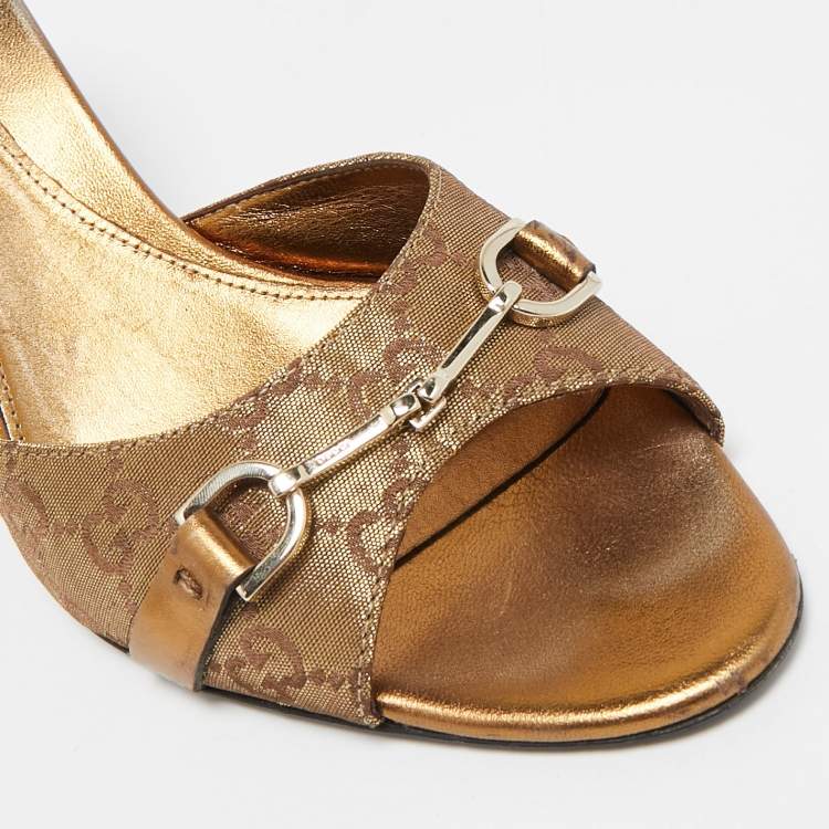 Pre Owned Gucci Metallic Gold GG Lurex Fabric Horsebit Open Toe Slide Sandals Size 39.5