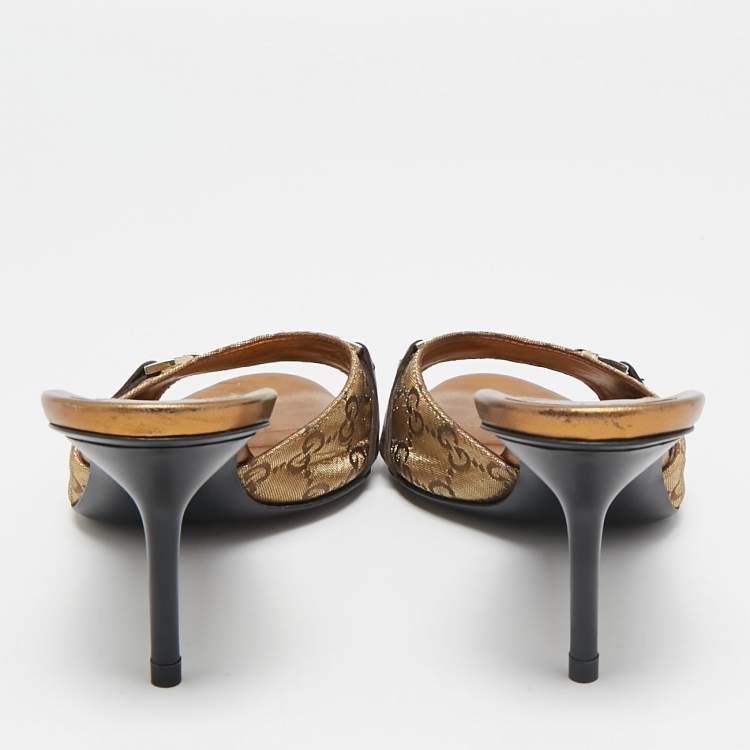 Pre Owned Gucci Metallic Gold GG Lurex Fabric Horsebit Open Toe Slide Sandals Size 39.5