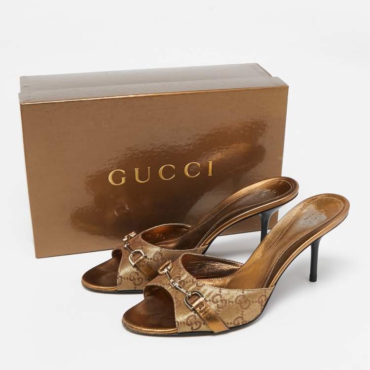 Pre Owned Gucci Metallic Gold GG Lurex Fabric Horsebit Open Toe Slide Sandals Size 39.5