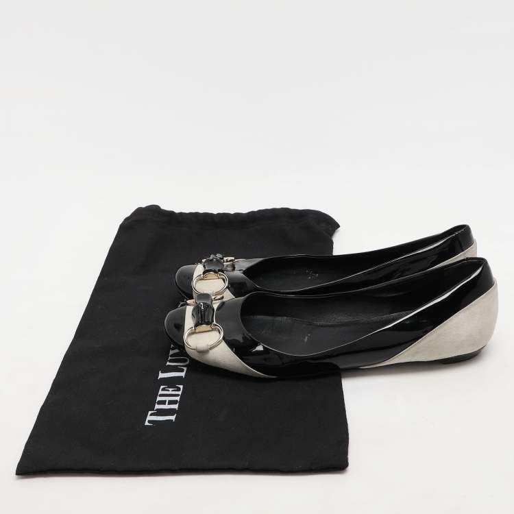 Pre Owned Gucci Black/Grey Patent Leather and Suede Bamboo Horsebit Ballet Flats Size 39