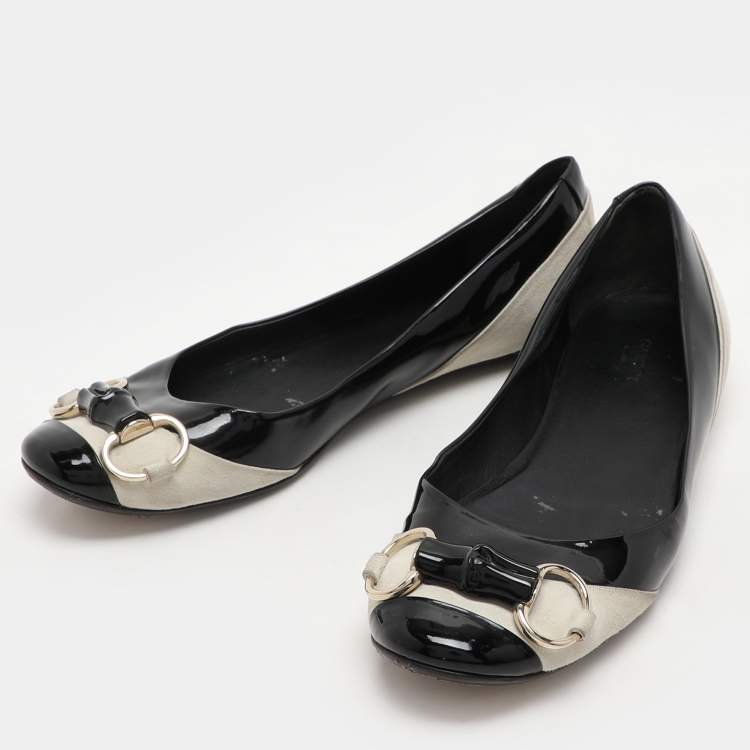 Pre Owned Gucci Black/Grey Patent Leather and Suede Bamboo Horsebit Ballet Flats Size 39