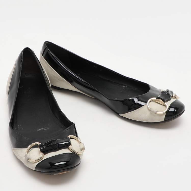 Pre Owned Gucci Black/Grey Patent Leather and Suede Bamboo Horsebit Ballet Flats Size 39