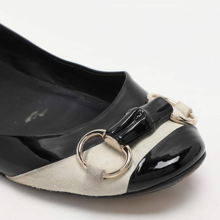 Pre Owned Gucci Black/Grey Patent Leather and Suede Bamboo Horsebit Ballet Flats Size 39