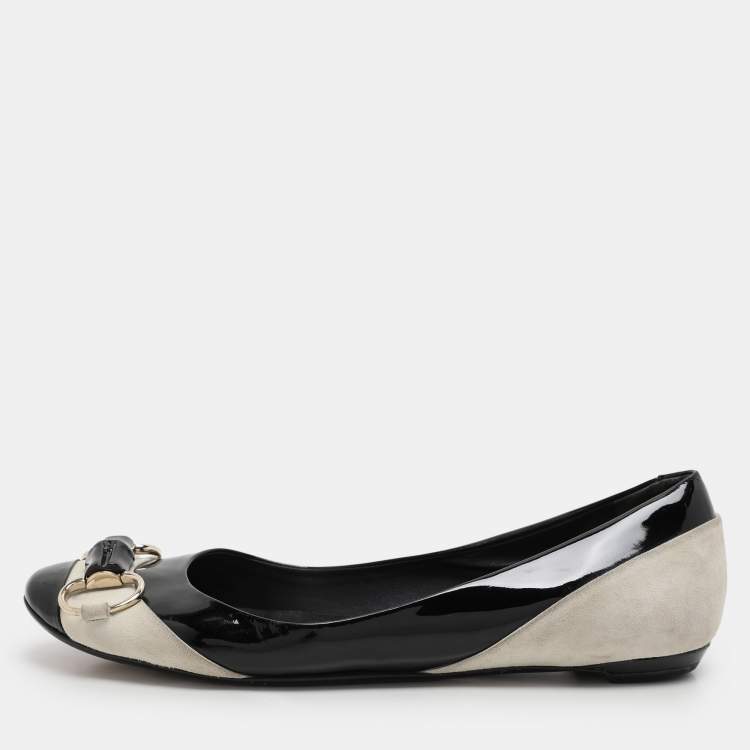 Pre Owned Gucci Black/Grey Patent Leather and Suede Bamboo Horsebit Ballet Flats Size 39