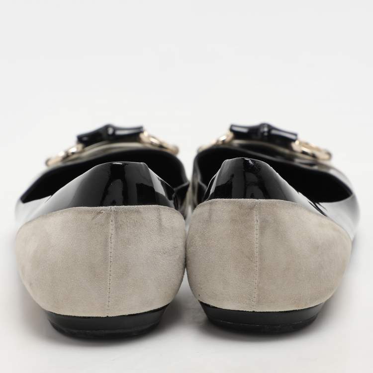 Pre Owned Gucci Black/Grey Patent Leather and Suede Bamboo Horsebit Ballet Flats Size 39