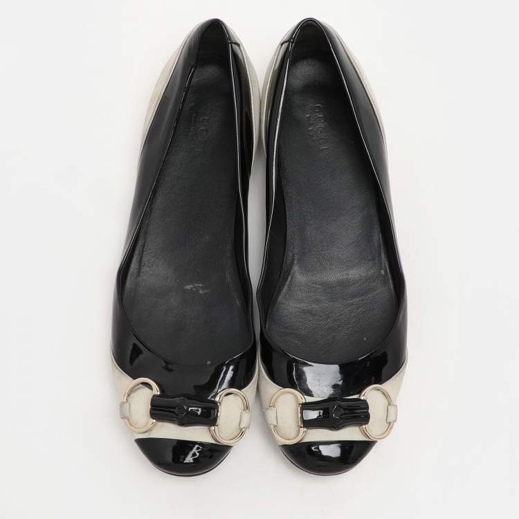 Pre Owned Gucci Black/Grey Patent Leather and Suede Bamboo Horsebit Ballet Flats Size 39