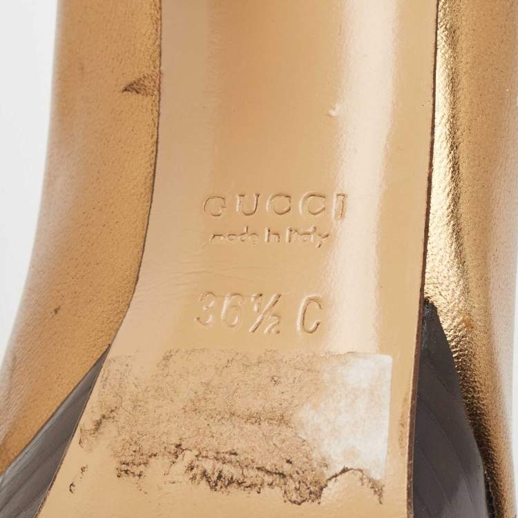Pre Owned Gucci Gold Leather Horsebit Peep Toe Pumps Size 36.5