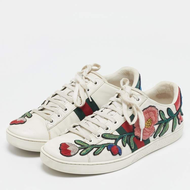 Pre Owned Gucci White Leather and Python Embossed Ace Low Top Sneakers Size 38.5