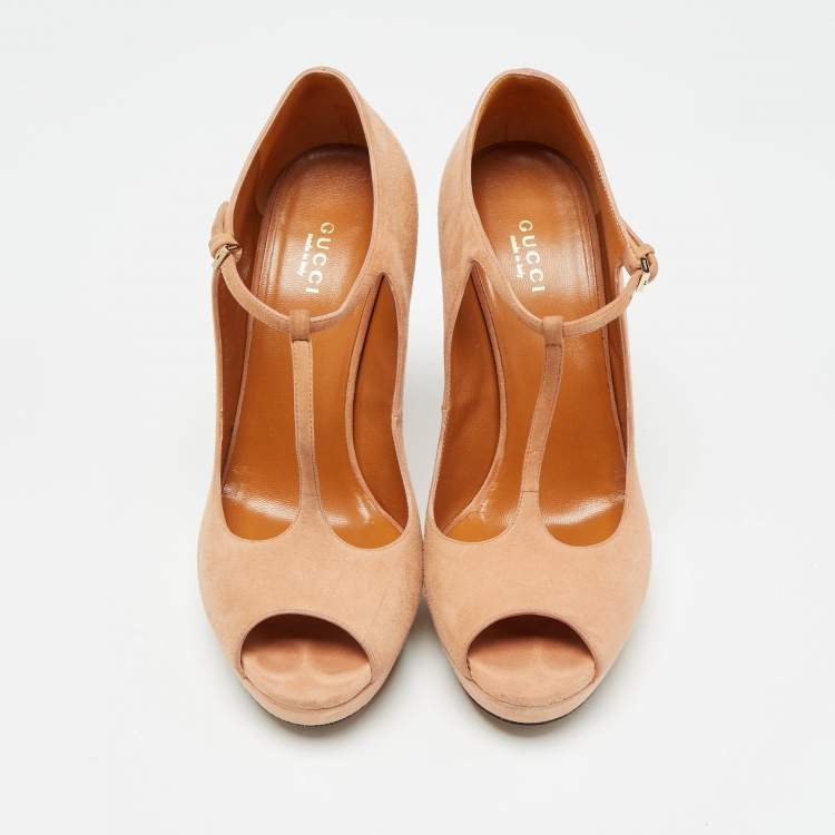 Pre Owned Gucci Pink Suede Peep Toe Platform T-Strap Pumps Size 38
