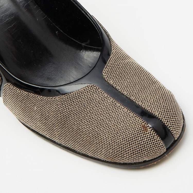 Pre Owned Gucci Brown/Black Canvas and Patent Leather Court Saith Square Toe Pumps Size 36