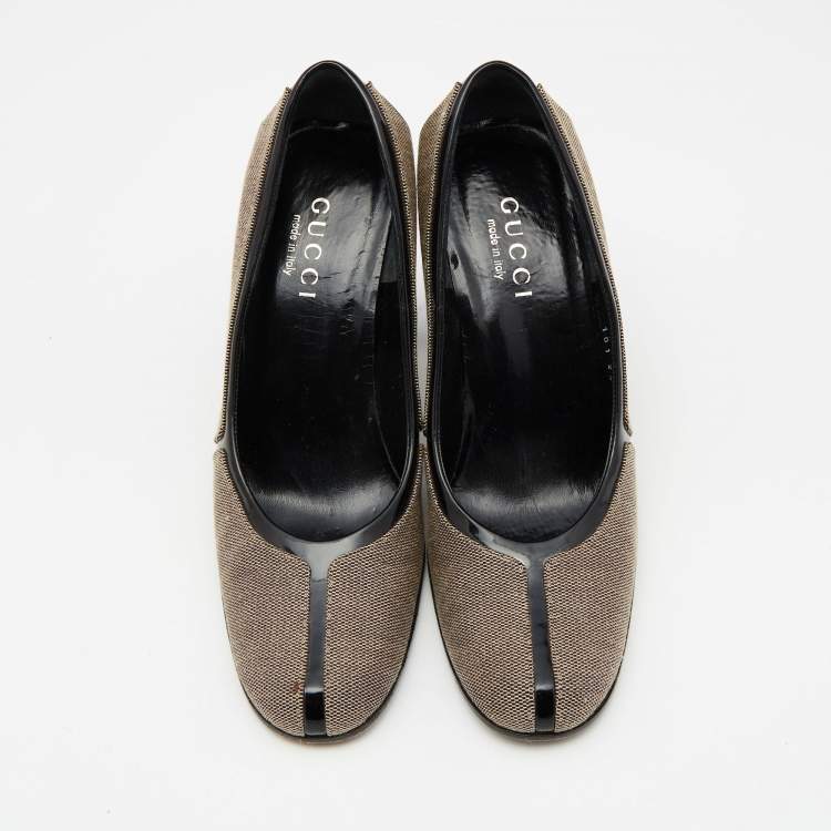 Pre Owned Gucci Brown/Black Canvas and Patent Leather Court Saith Square Toe Pumps Size 36