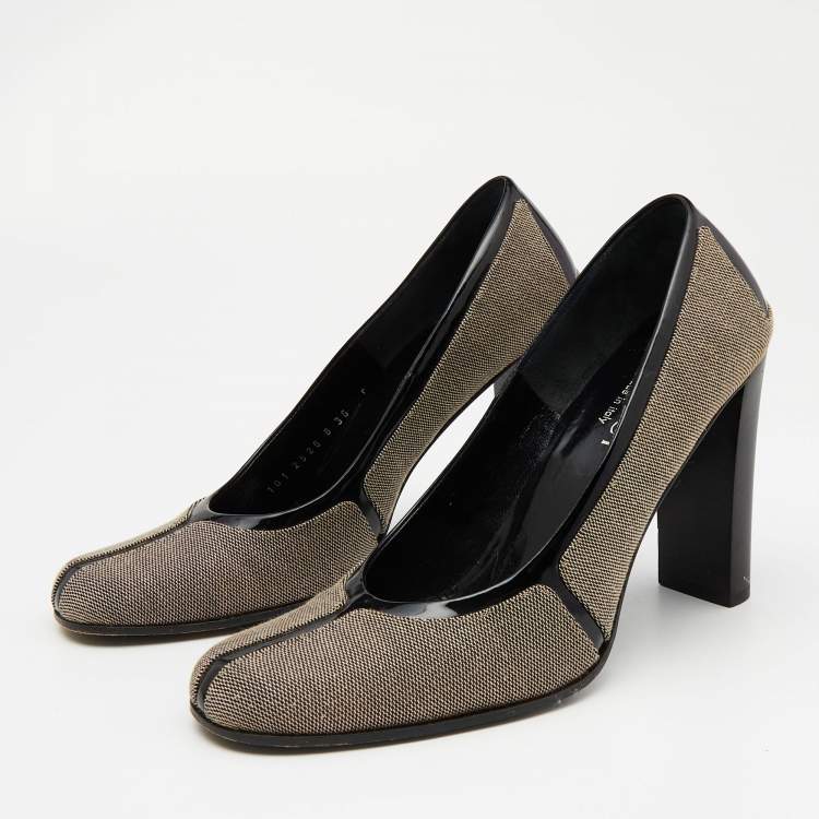 Pre Owned Gucci Brown/Black Canvas and Patent Leather Court Saith Square Toe Pumps Size 36